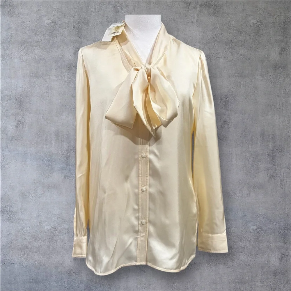Tory Burch Silk Bow Blouse French Cream Sz 6 Removable Collar NWT‎